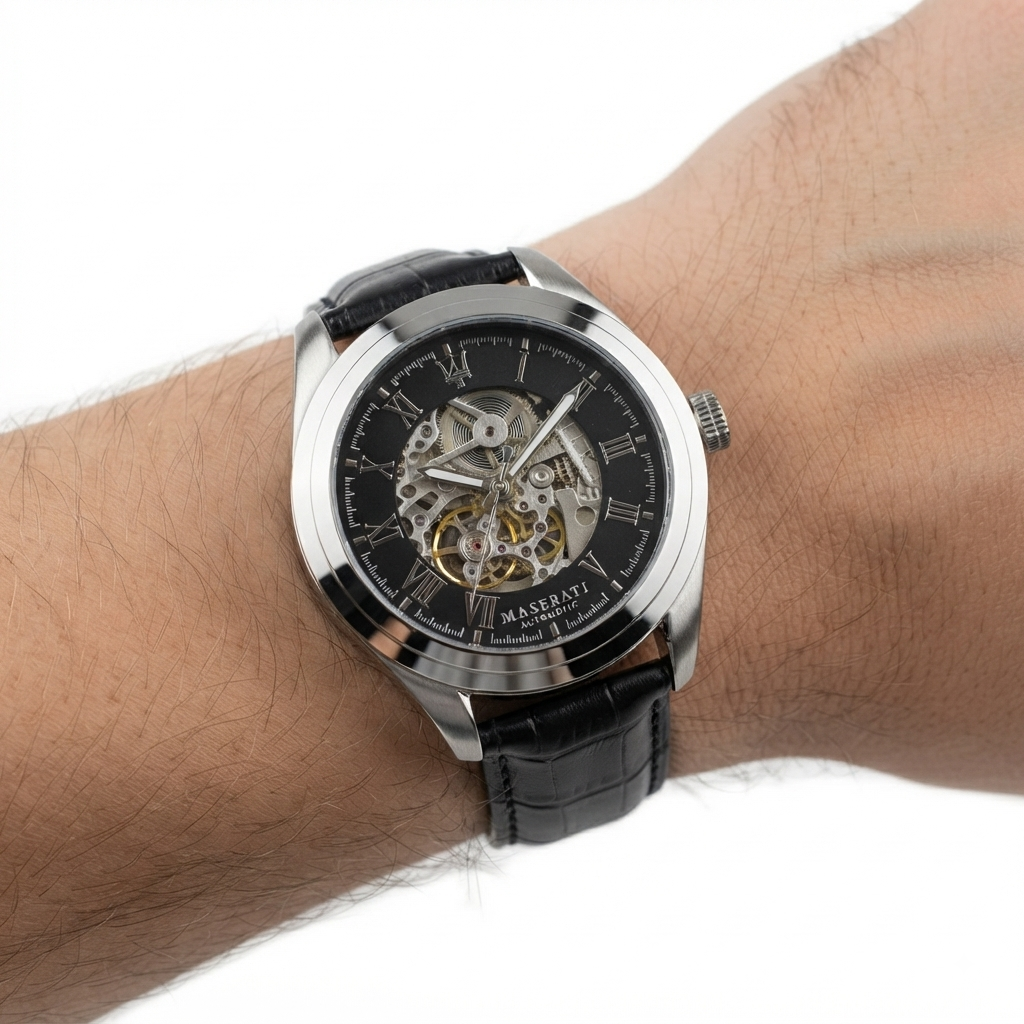Maserati Traguardo Automatic Skeleton Watch with Black Leather Strap