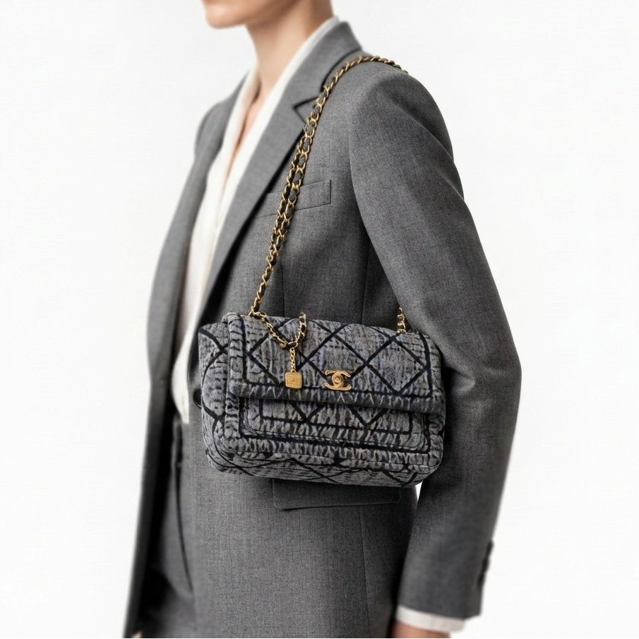 Chanel Quilted Denim Flap Bag with Gold Tone Chain