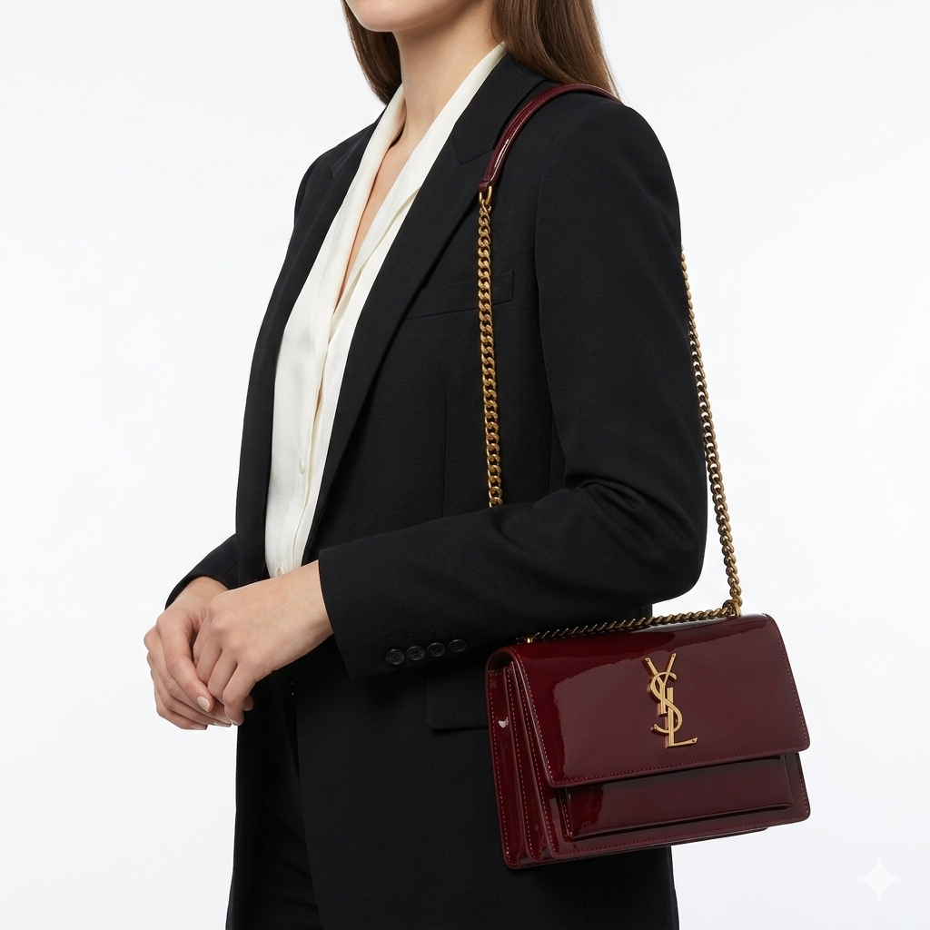 Saint Laurent Sunset Medium Shoulder Bag in Burgundy Patent Leather 🍷👜✨