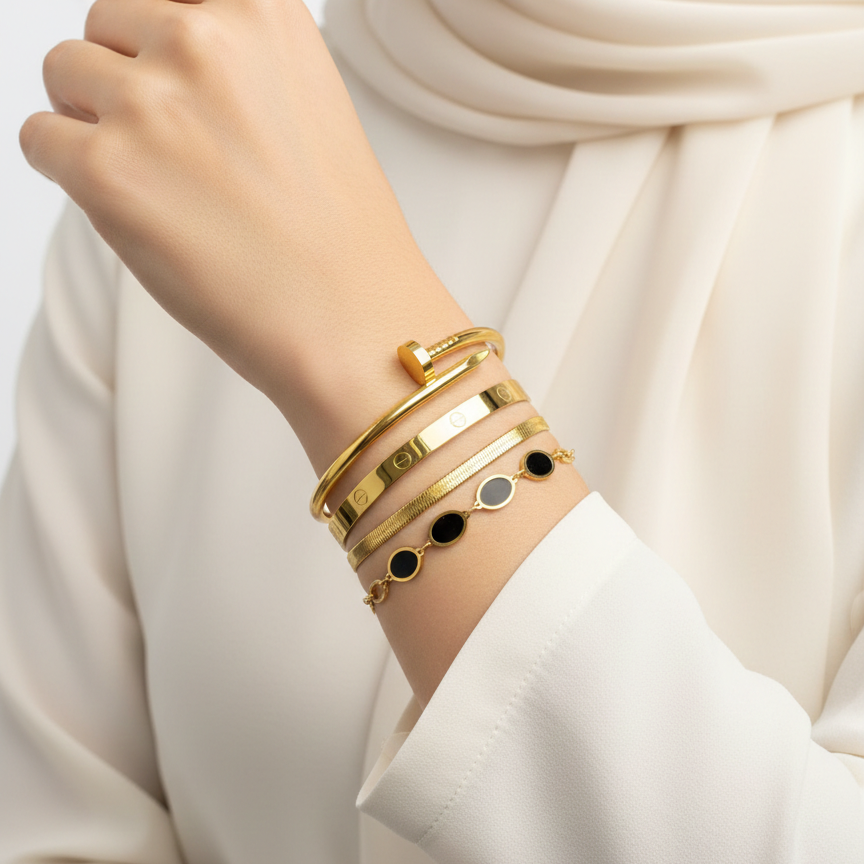 Gold Finished Luxury Bracelet Stack Set featuring Juste un Clou & Love Style Bangles 💅✨💛