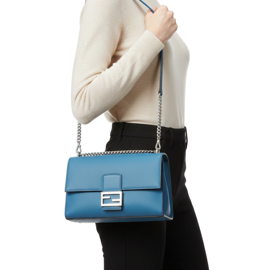 Fendi Blue Leather Baguette Bag with FF Logo and Chain Strap 🦋✨🔗