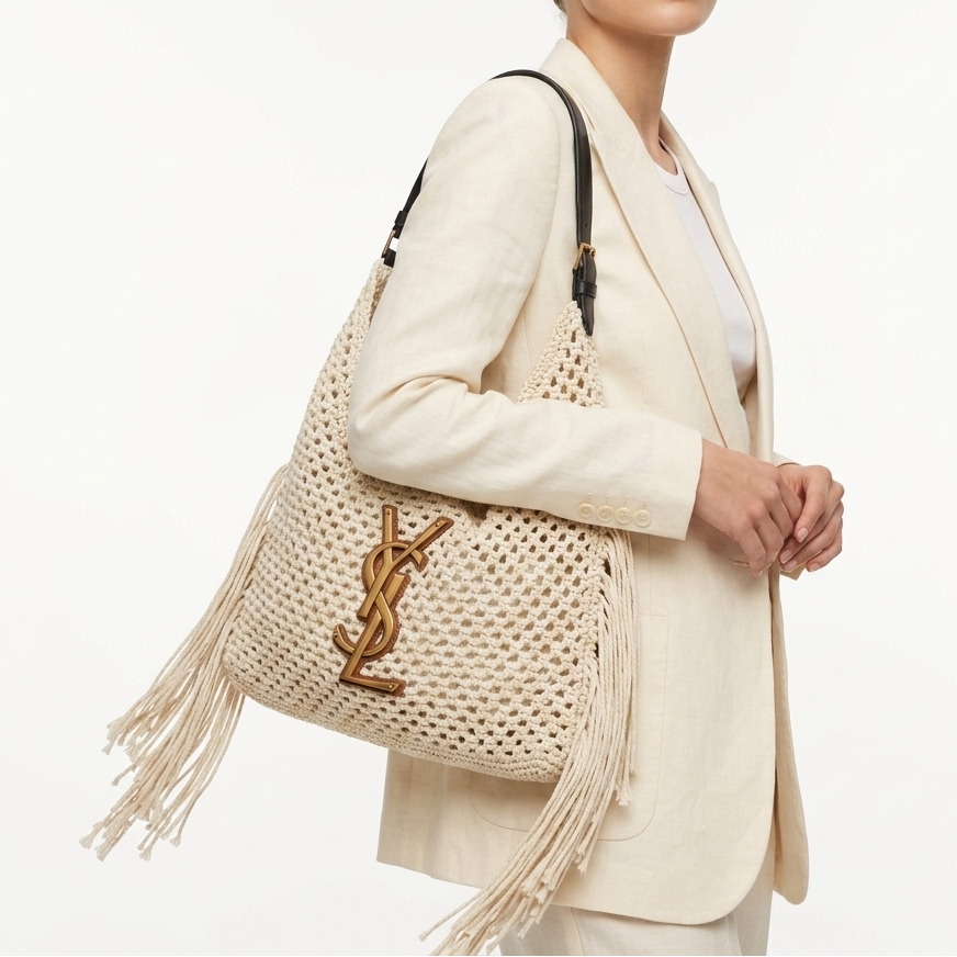YSL Beige Crochet Shoulder Bag 🧶 Chic & Sustainable