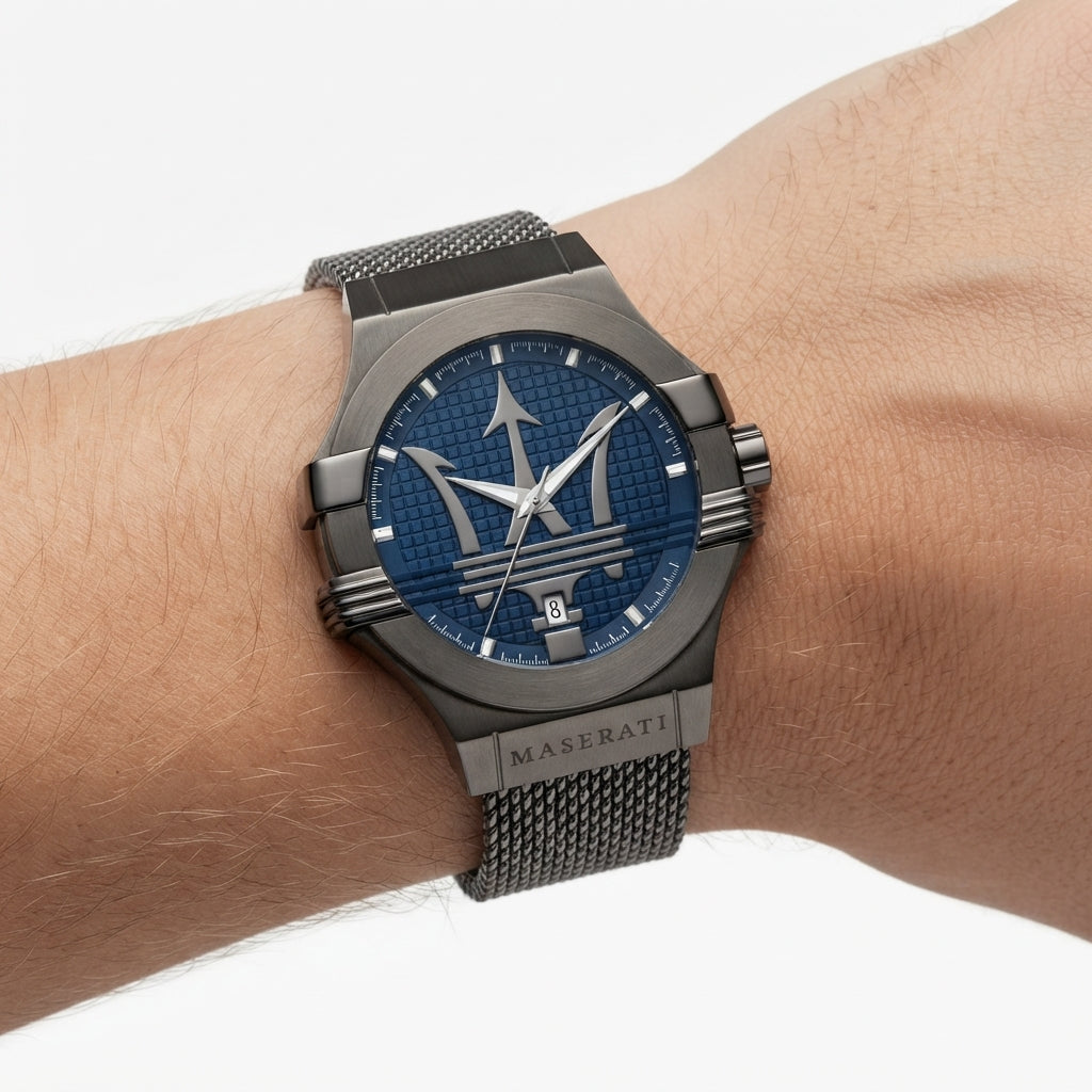Maserati Gunmetal Mesh Analog Watch with Blue Dial