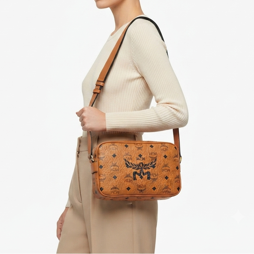 MCM Monogram Crossbody Bag with Gold Tone Hardware