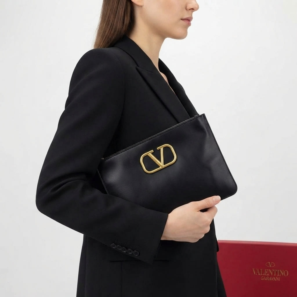 Valentino Garavani Black Leather V Logo Clutch