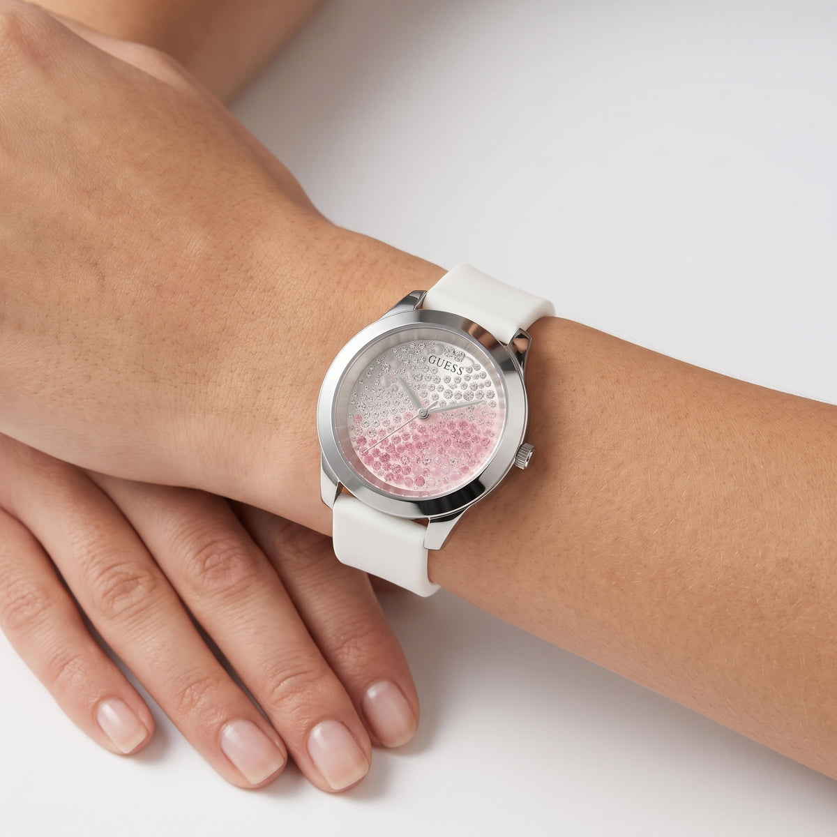 Guess Women's Gradient Pink Crystal Dial Watch with White Strap
