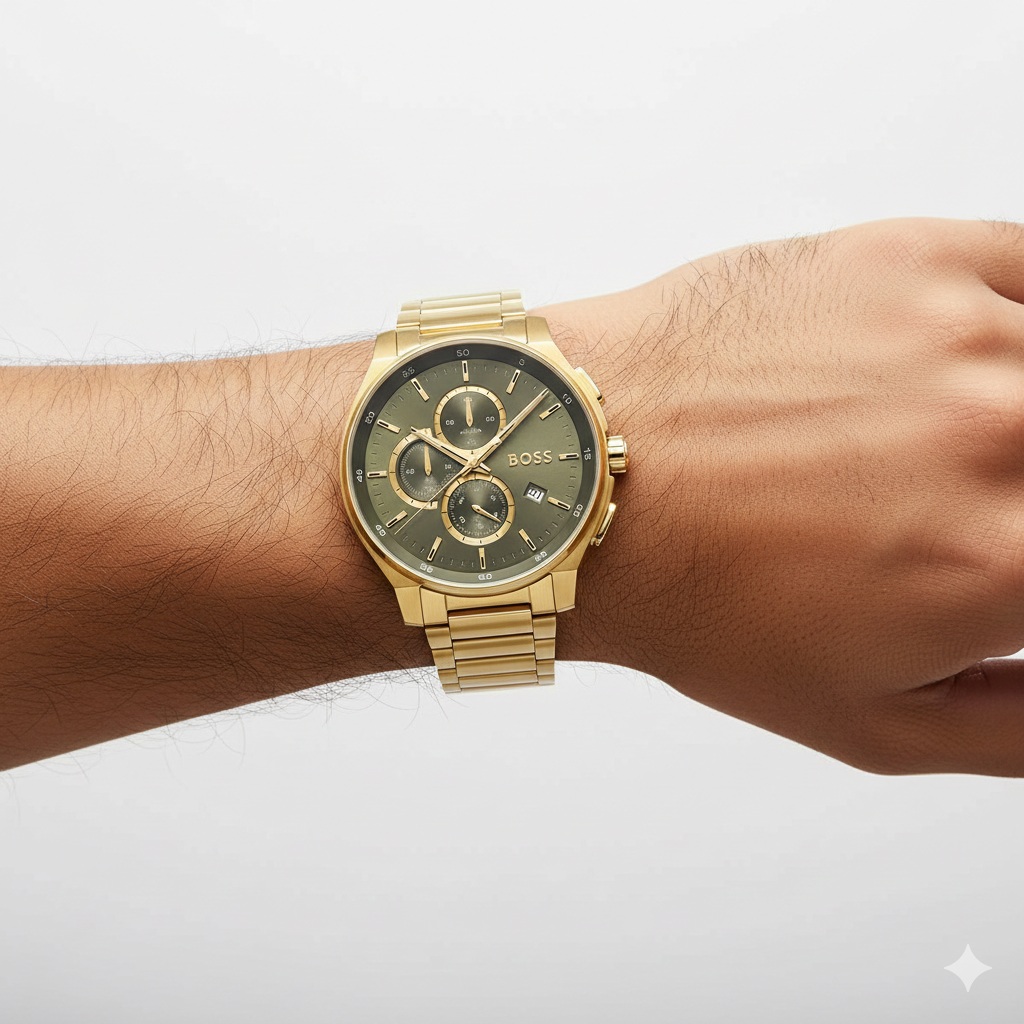 BOSS Men's Chronograph Gold-Tone Watch with Olive Dial ⌚✨👑