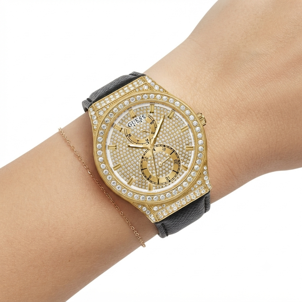 Guess Gold Tone Crystal Embellished Watch with Black Strap