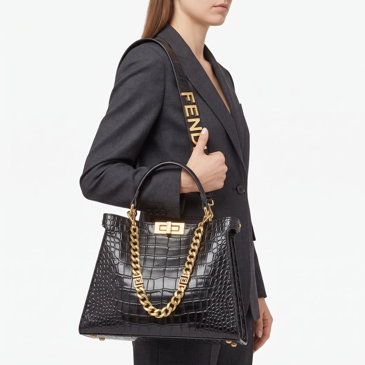 Fendi Black Crocodile Embossed Leather Bag with Gold Chain