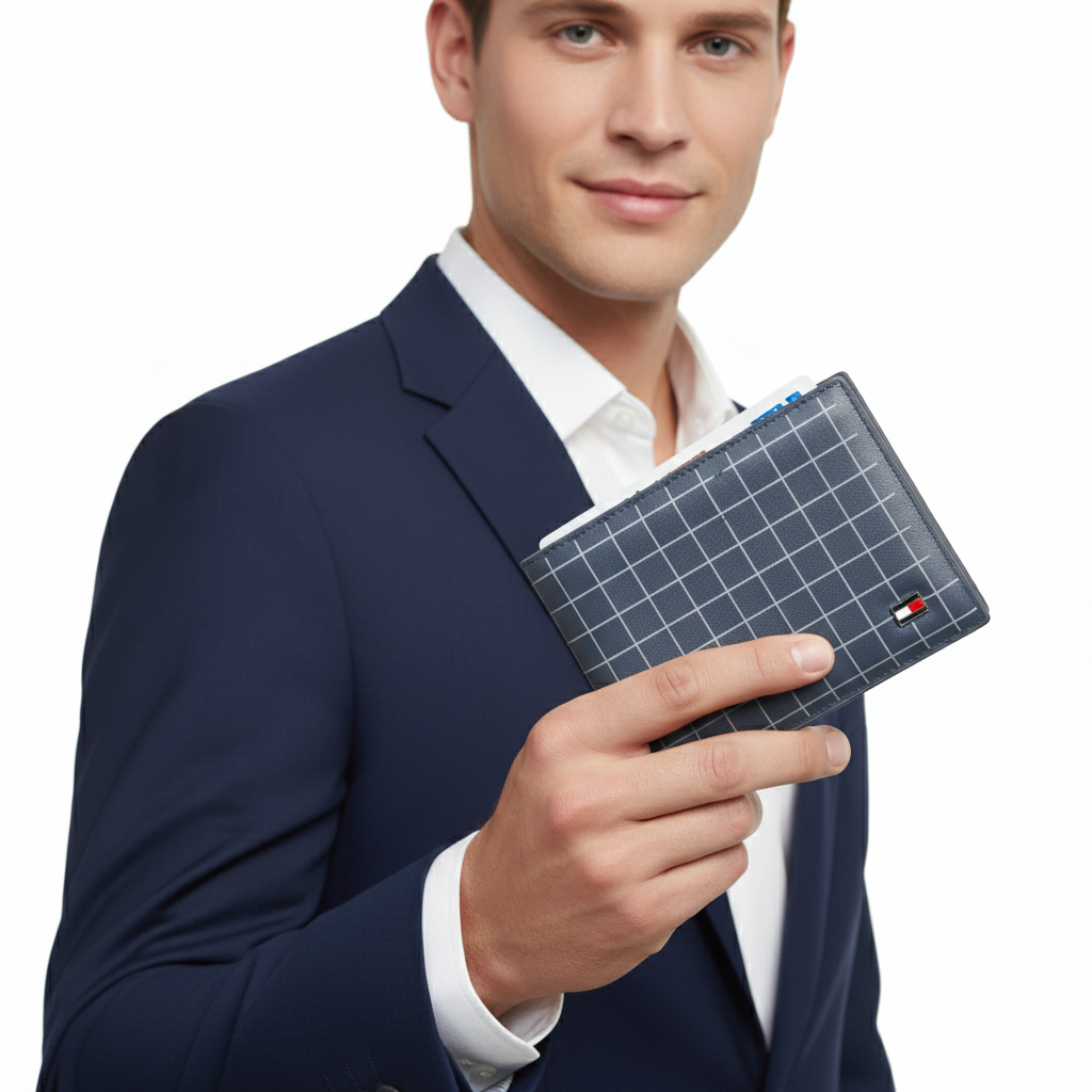 🟦 Tommy Hilfiger Navy Grid Print Bi-Fold Wallet 🎁