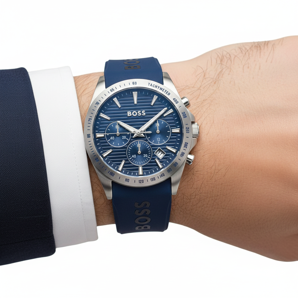 💙 BOSS Chronograph Watch with Blue Dial and Silicone Strap ⌚