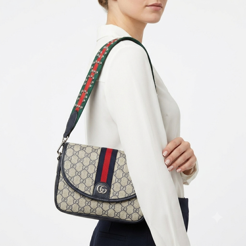 Gucci Monogram Bag with Studded Web Strap 👜✨