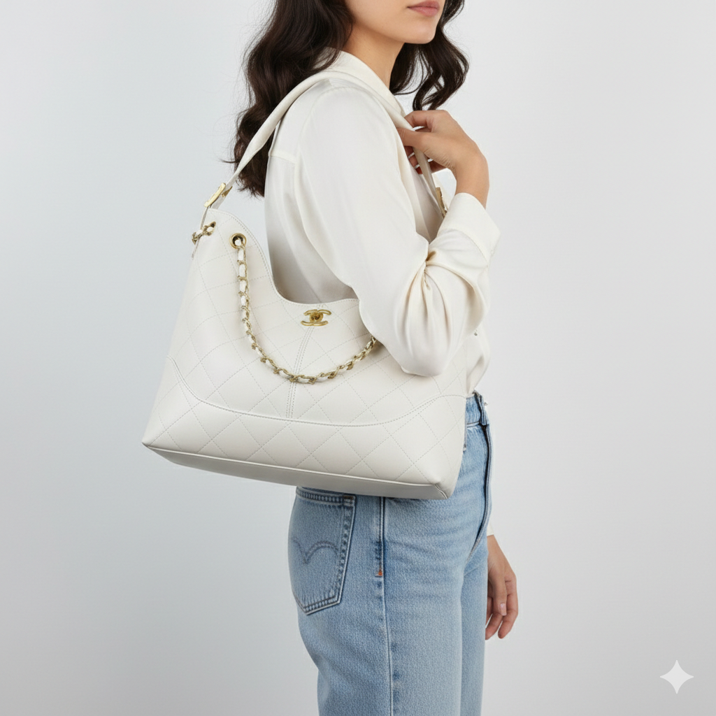 Chanel Quilted Leather Hobo Bag with Gold-Tone Chain 👜✨⚪