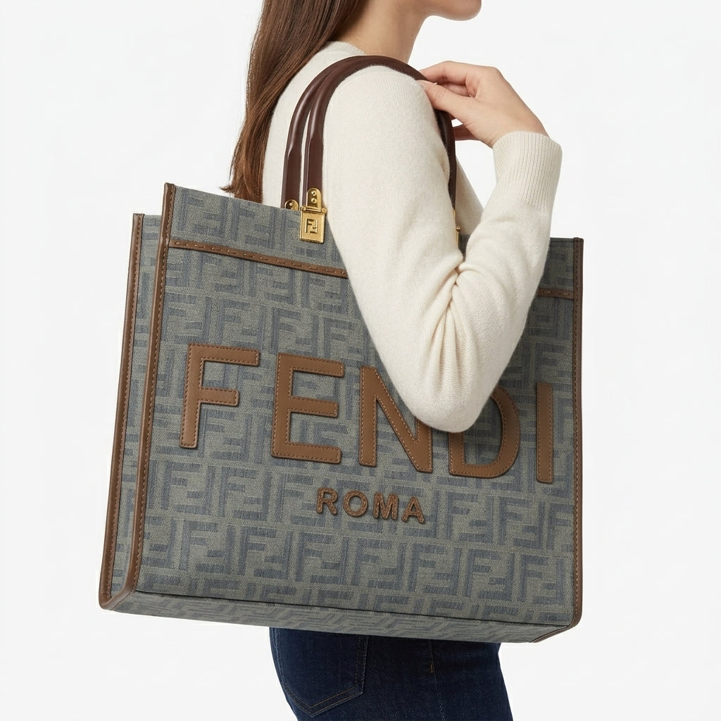 Fendi Roma Logo Pattern Canvas Tote Bag