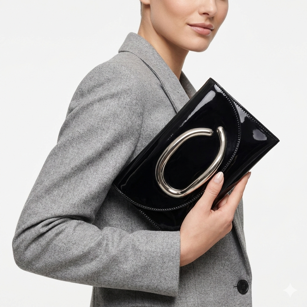 Patent Leather Sculptural Hardware Envelope Clutch 🖤✨👜
