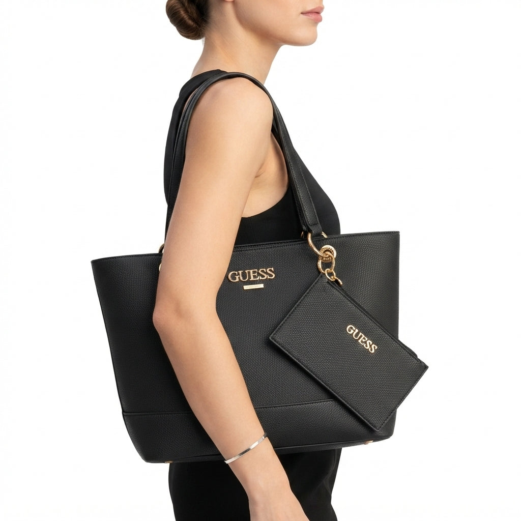 Guess Black Tote Bag with Detachable Pouch and Gold Hardware