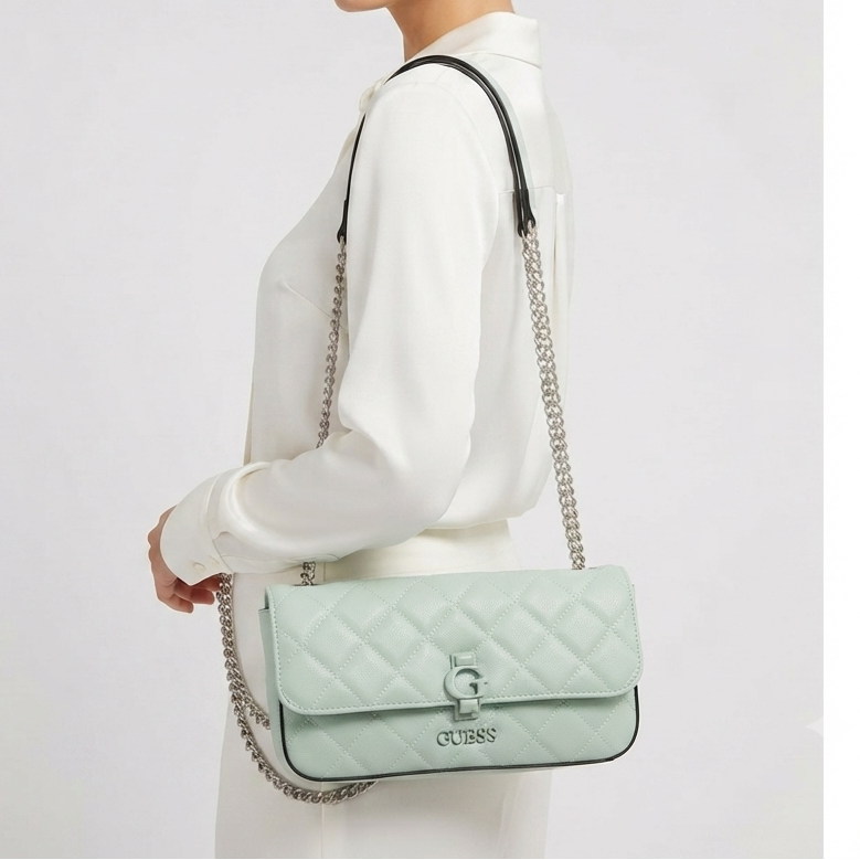 Guess Quilted Glossy White Leather Chain Shoulder Bag