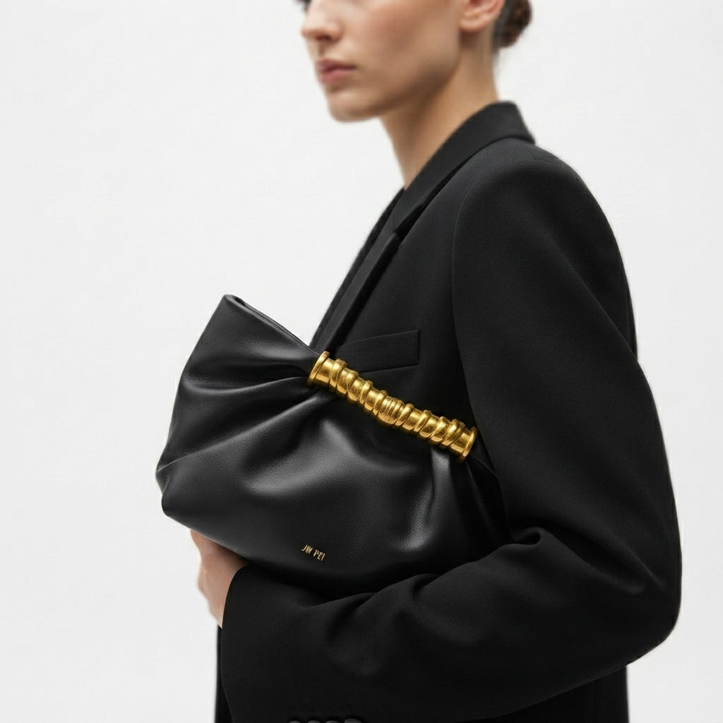 JW PEI Ruched Clutch with Statement Gold Ring Handle