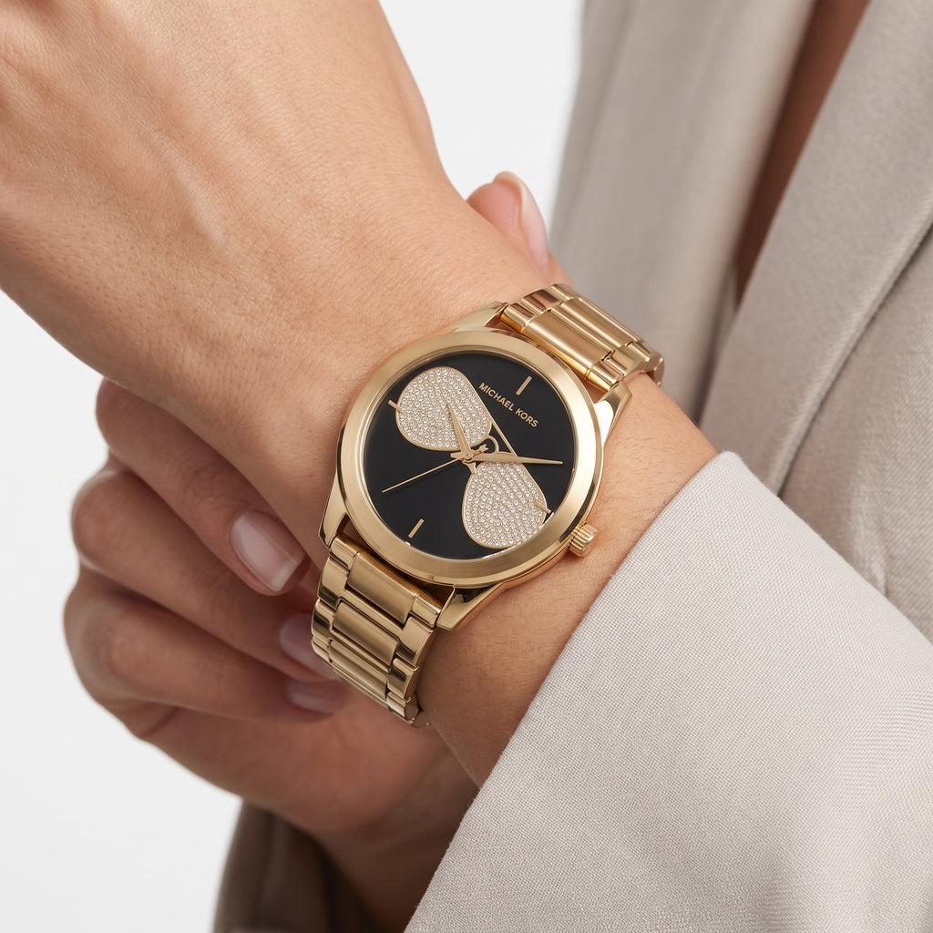 Michael Kors Gold-Tone Watch with Crystal Embellished Black Dial