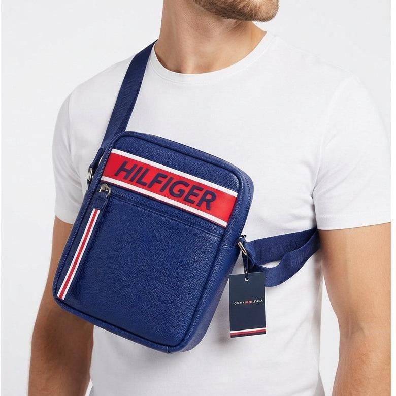 Tommy Hilfiger Textured Navy Blue Crossbody Bag with Signature Stripe