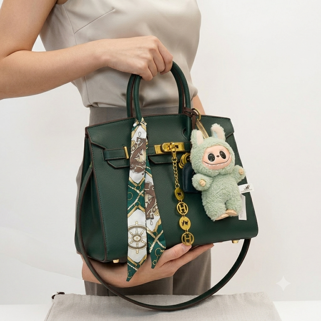 Hermes Style Handbag with Playful Labubu Doll Charm 👜✨