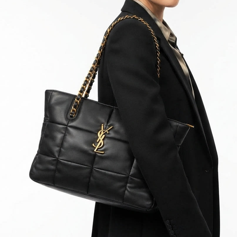 Black Quilted Shoulder Bag with Two Tone Chain Strap