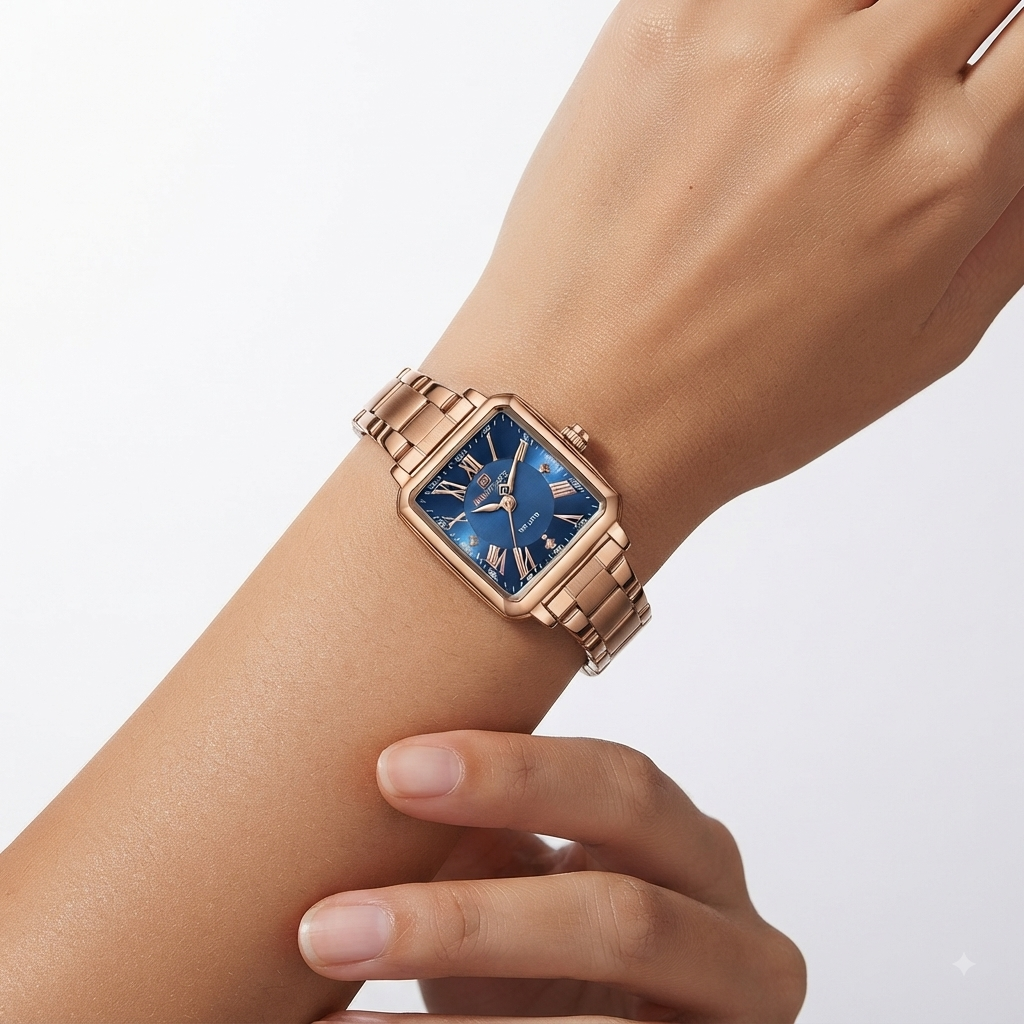 NAVIFORCE Square Case Analog Watch with Stainless Steel Link Bracelet