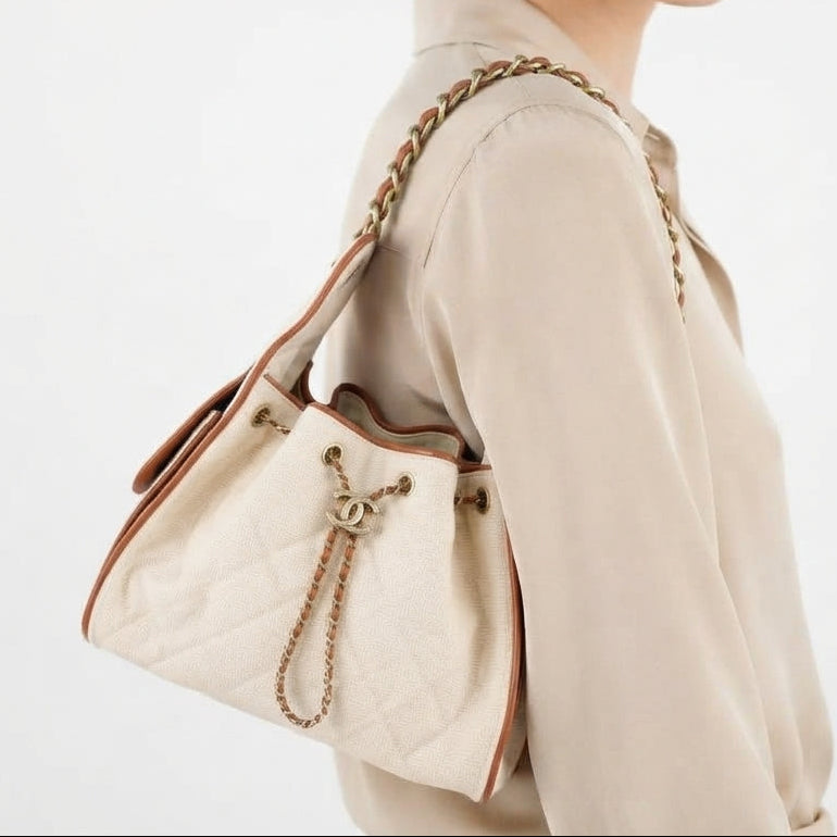 Chanel Quilted Canvas Bucket Bag with Gold Chain