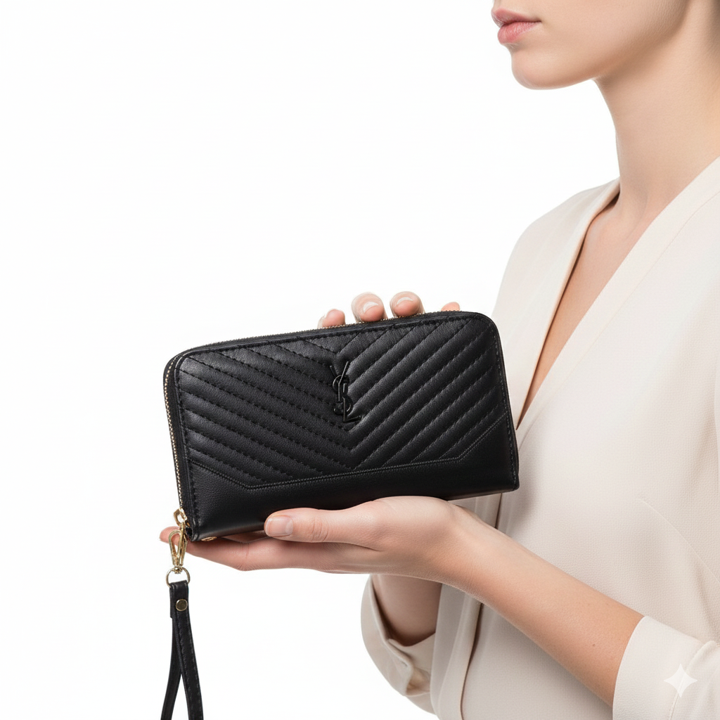 🖤 YSL Quilted Leather Zip-Around Clutch Wallet ✨