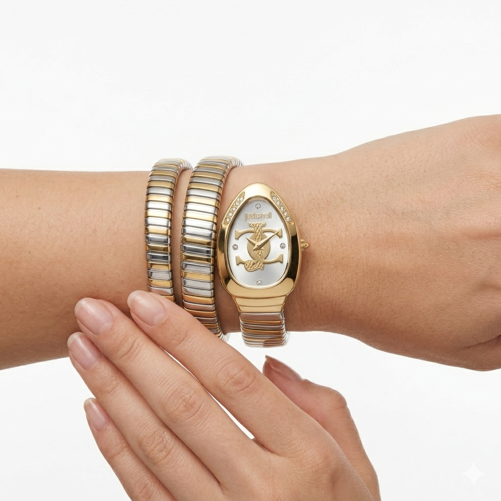 Just Cavalli Serpenti Glam Wrap Watch in Gold and Silver Tones 🐍✨💎