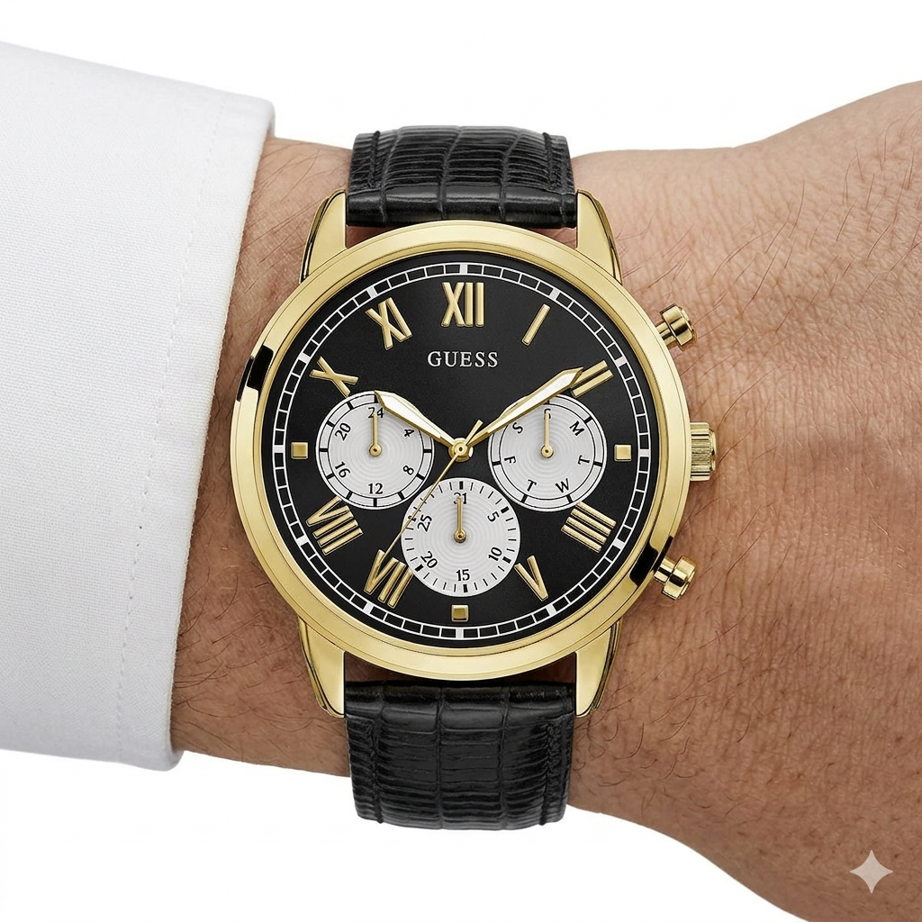 GUESS Multifunction Watch with Gold Roman Numerals ⌚✨🖤