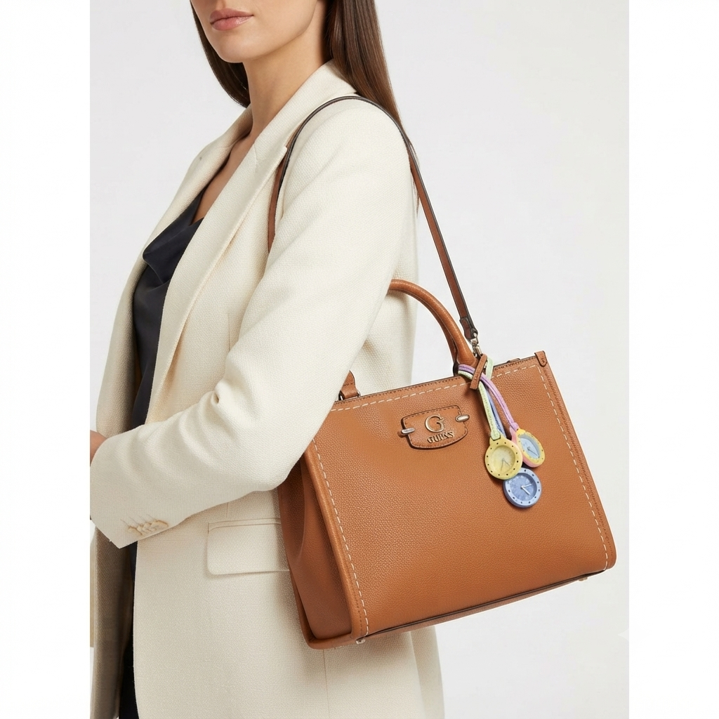 Guess Brown Handbag with Playful Functional Charm Watch Set 👜⌚