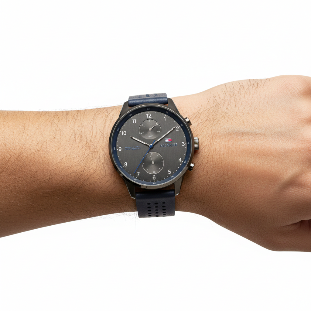 Tommy Hilfiger Men's Gunmetal Multifunction Watch with Navy Perforated Strap ⌚️🏙️✨