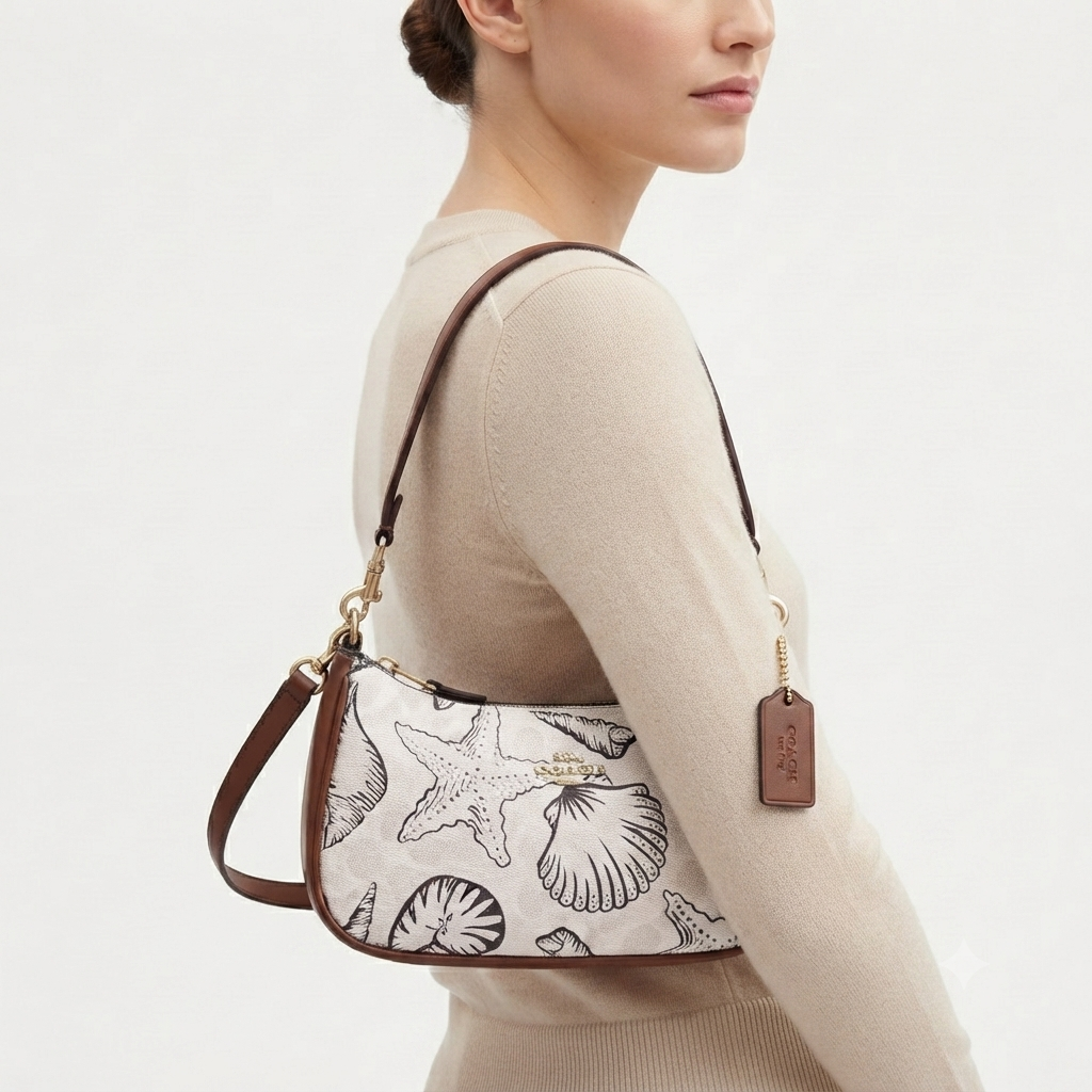 Coach Seashell Print Shoulder Bag in White and Brown 🐚✨👜