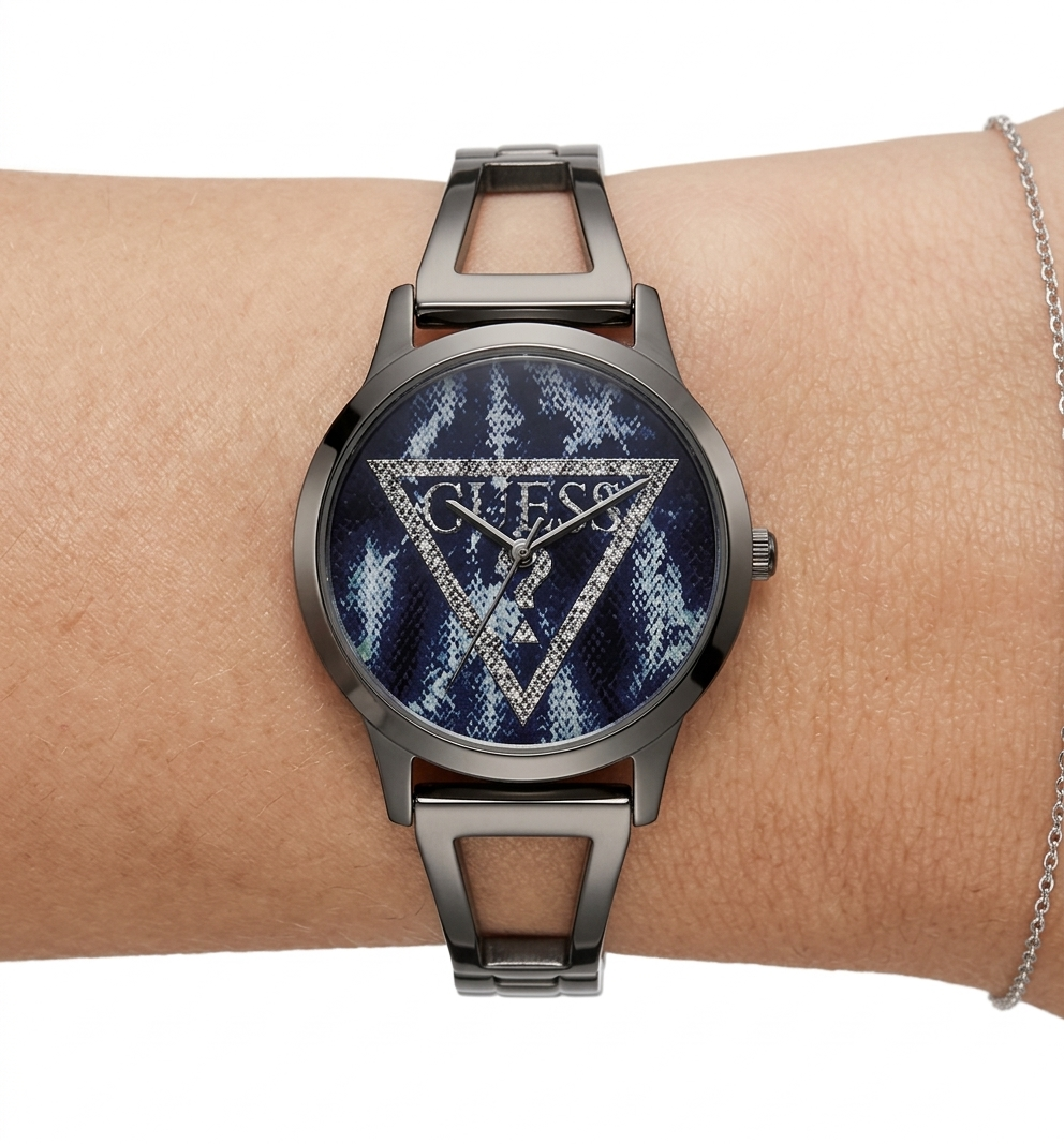 GUESS Women's Tri-Glitz Stainless Steel Bangle Watch ⌚✨🖤