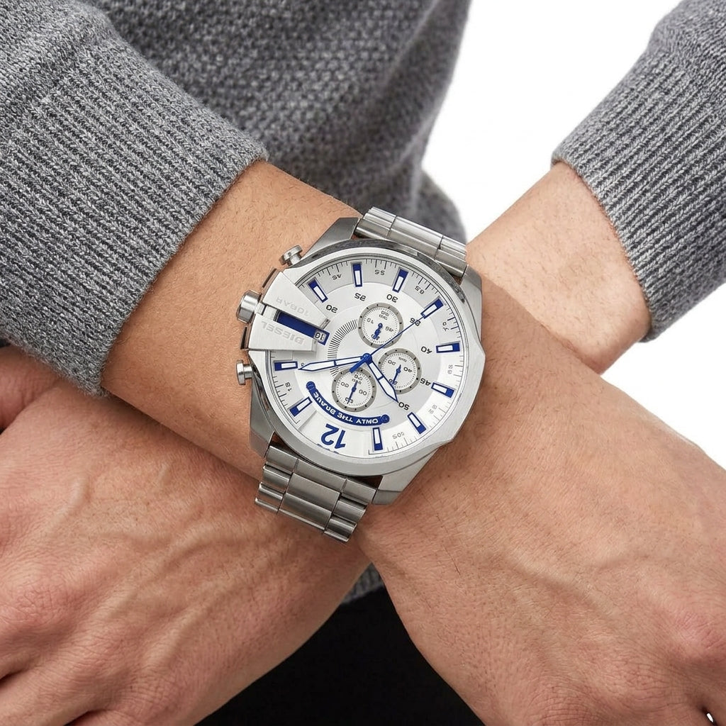 Diesel Only The Brave Chronograph Silver and Blue Stainless Steel Watc