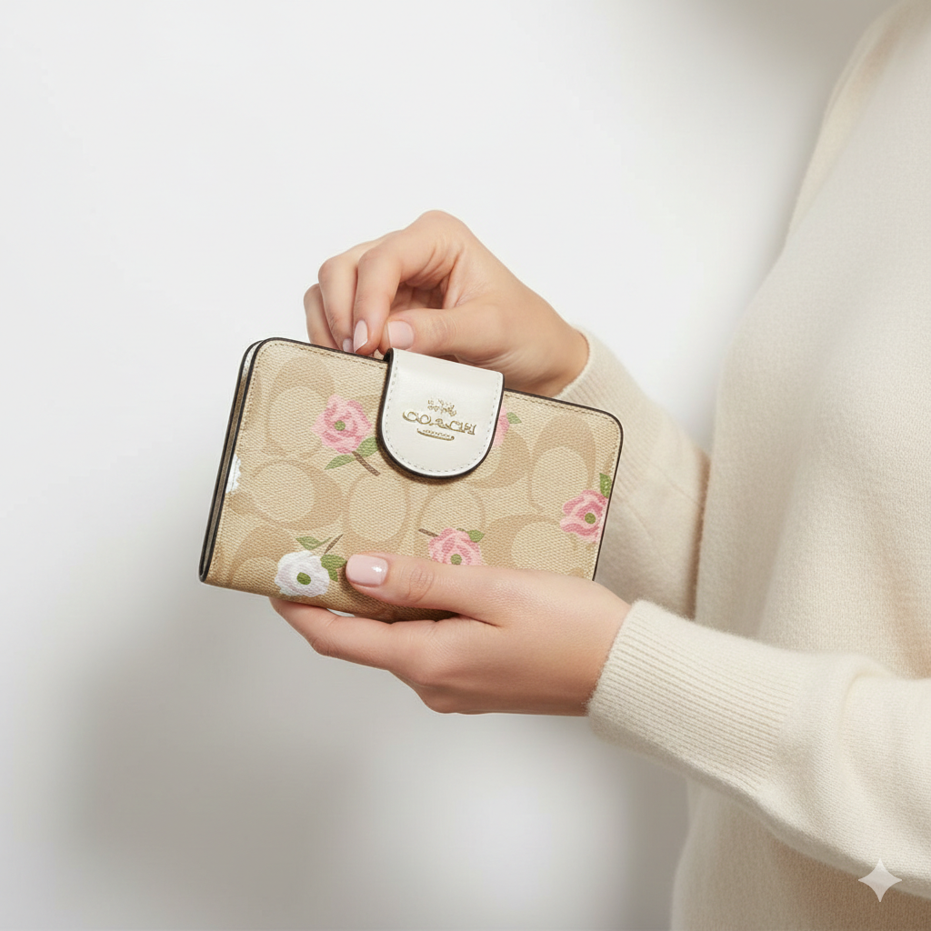 Coach Signature Canvas Medium Corner Zip Wallet with Rose Print 🌹✨👜