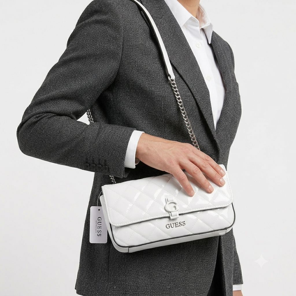 Guess Quilted Patent Leather Chain Bag in White 🤍✨