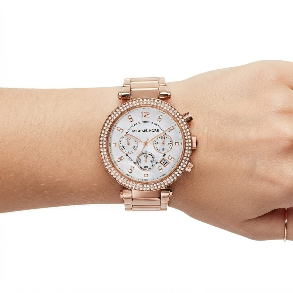 Michael Kors Rose Gold Chronograph Watch with Crystal Bezel