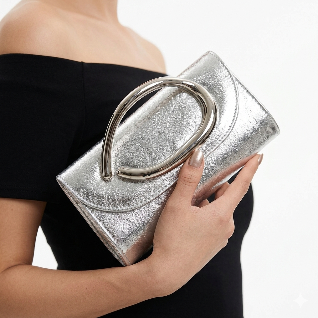 Metallic Silver Sculptural Handle Clutch Bag 🩶✨👜