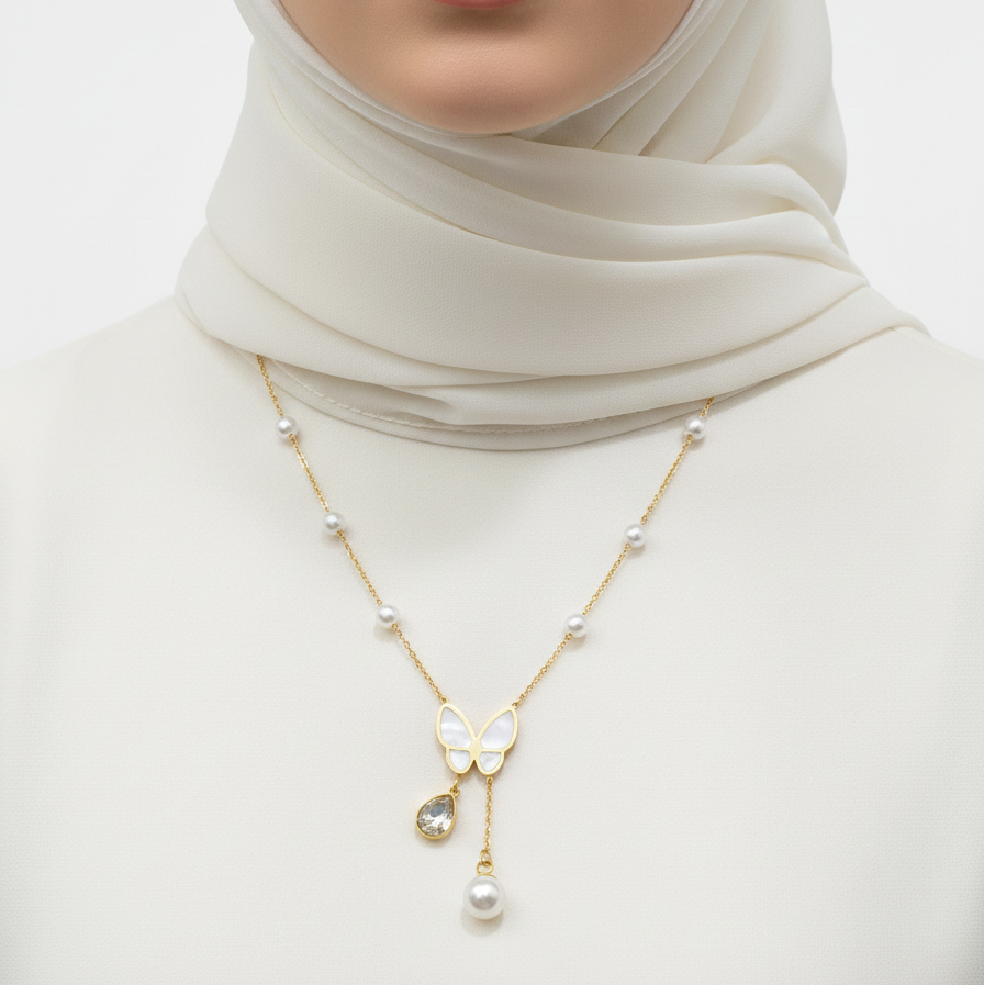 Golden Butterfly Mother of Pearl & Pearl Drop Necklace 🦋✨🐚