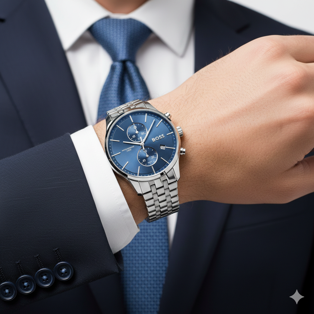 BOSS Men's Chronograph Watch with Blue Sunray Dial and Steel Bracelet ⌚️💙💼
