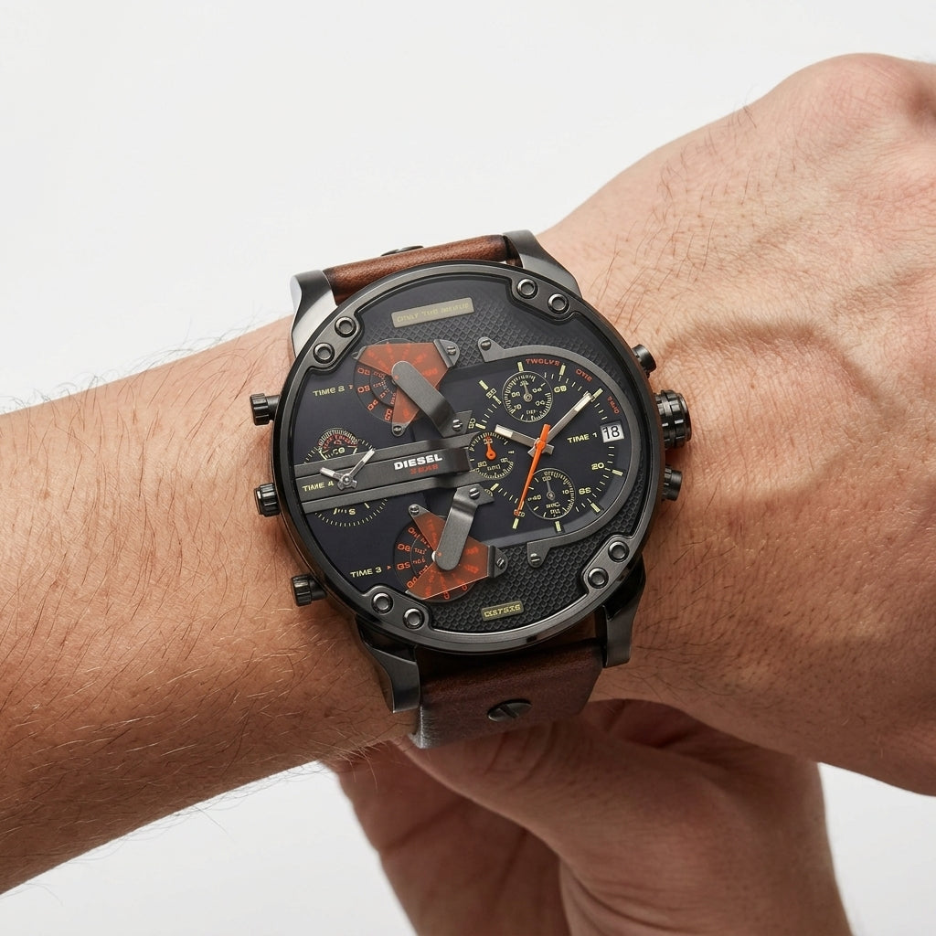 Diesel Mr. Daddy 2.0 Oversized Chronograph Watch with Leather Strap