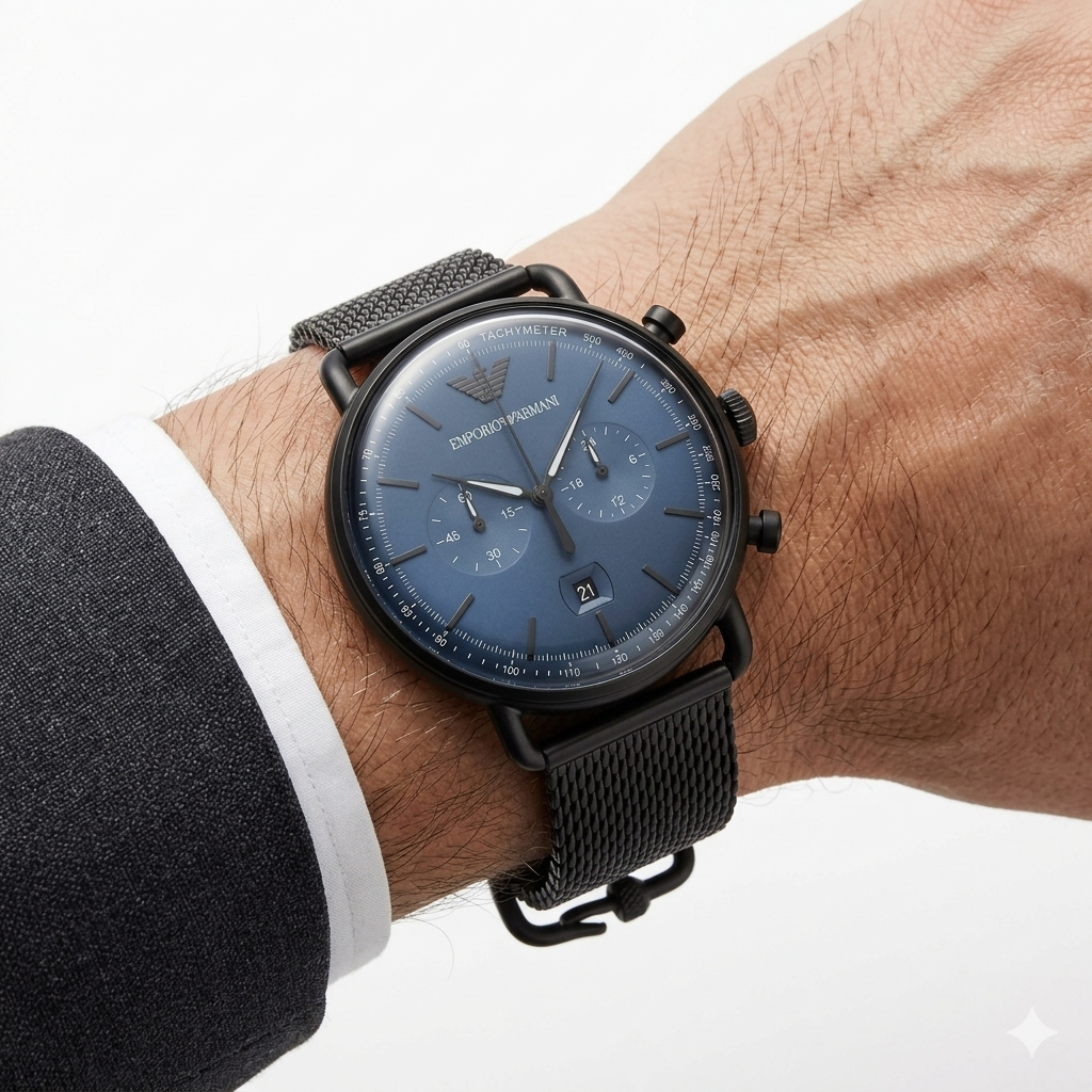 Emporio Armani Men's Aviator Chronograph Watch with Blue Dial and Black Mesh Bracelet ⌚️🔹👔