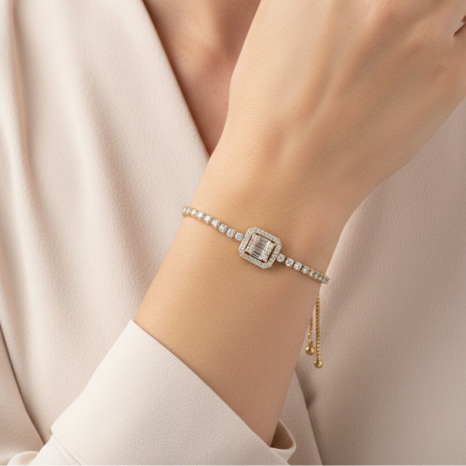 Adjustable Gold-Tone Tennis Bracelet with Baguette Centerpiece 🌟