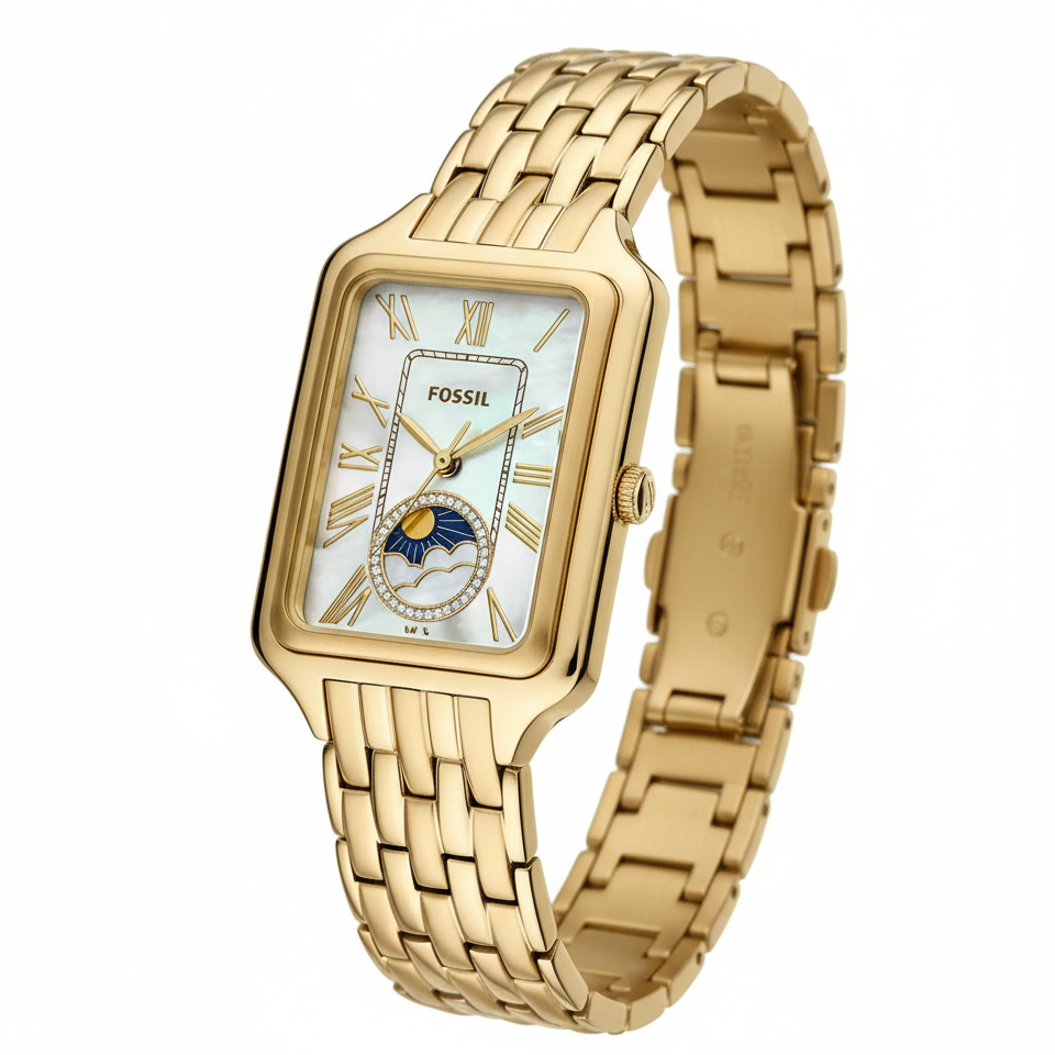 Fossil Gold-Tone Rectangular Women's Watch with Mother-of-Pearl Sun & Moon Dial 👑🕰️✨
