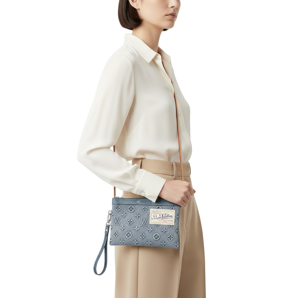 Louis Vuitton Monogram Denim Pochette Clutch Gray Blue 💎💙