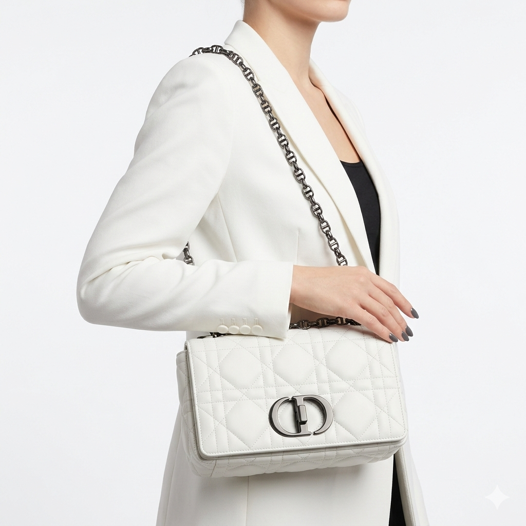 Dior Caro Quilted Leather Handbag with Ruthenium Hardware 👜✨🤍