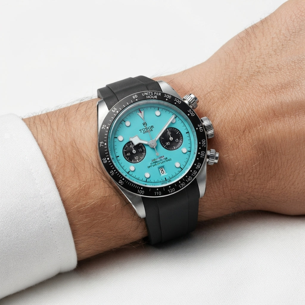 Tudor Chronograph with Light Blue Dial and Rubber Strap
