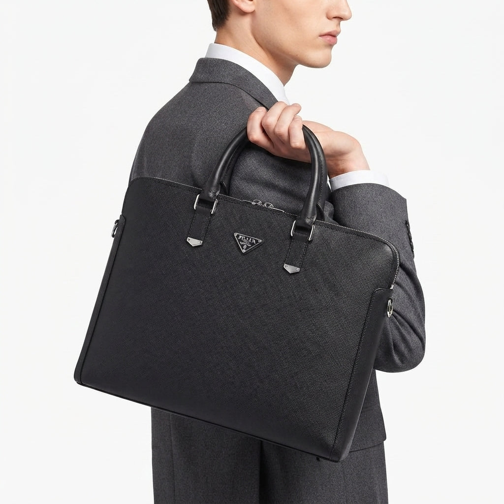 Prada Saffiano Leather Briefcase in Black